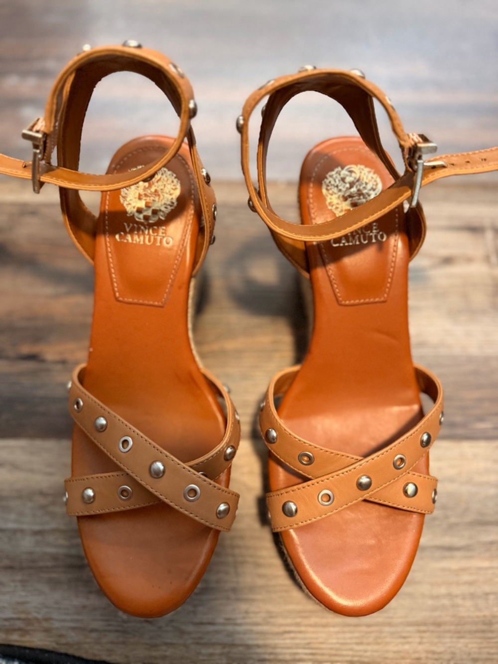 Vince Camuto Tan Leather Studded Ankle-Strap Heels